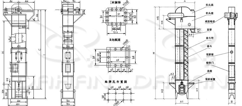 TD/D型斗式提升機基本結構:機頭蓋，機頭座，減速電機，直管，底座，緊張裝置等。