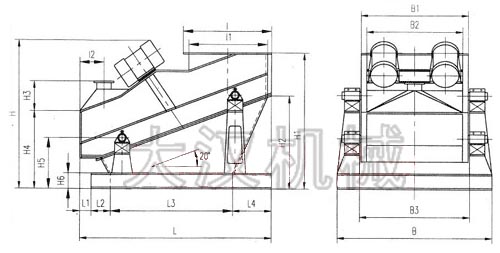 ZSG礦用振動篩外形示意圖：B為礦用振動篩寬度，L為礦用振動篩長度。H為礦用振動篩高度等。