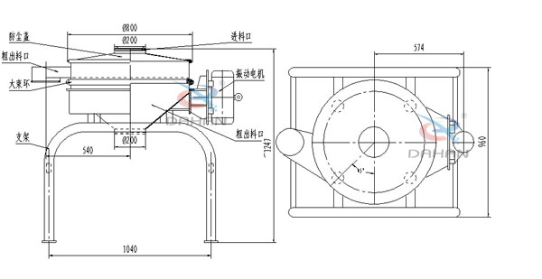 單振源直排篩機構和持續：防塵蓋（mm）：800進料口（mm）：200結構;防塵蓋，大束環，支架，振動電機，進料口等。