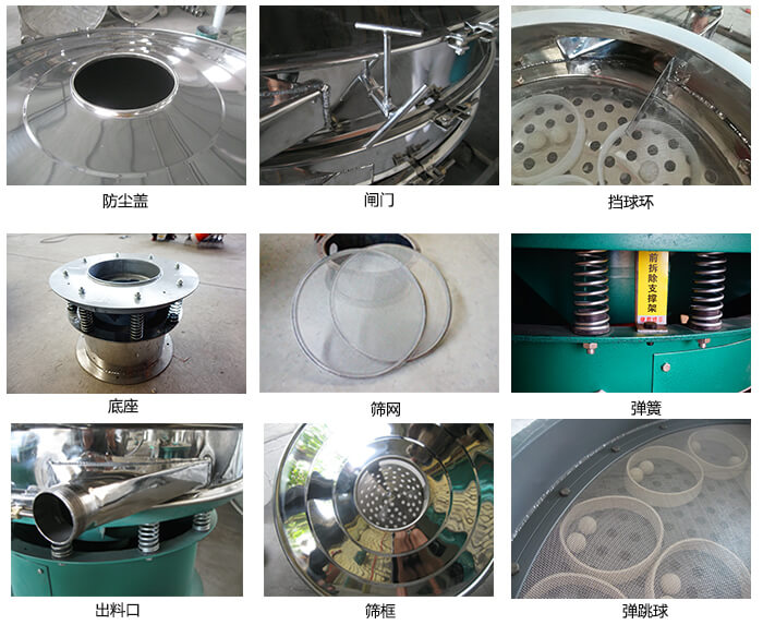 直徑600型振動篩細節：網架，料斗，篩框，擋球環，防塵蓋，閘門，出料口。