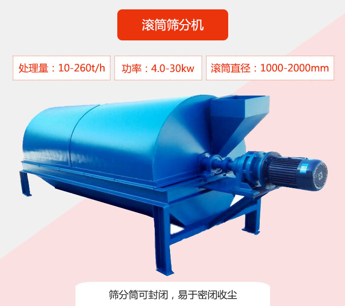 滾筒篩分機：處理能力：10-260t/h  功率：4.0-30kw 滾筒直徑：1000-2000mm 篩分筒可封閉，易于密閉收塵