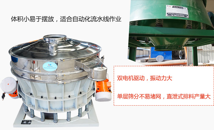 雙電機驅動，振動力大，單層篩分不易堵網，直泄式排料產量大