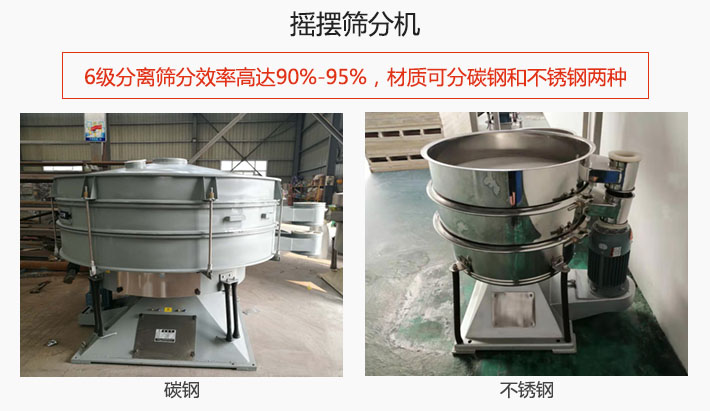 搖擺篩分機6級分離篩分效率高達90%-95%，材質可分碳鋼和不銹鋼兩種。